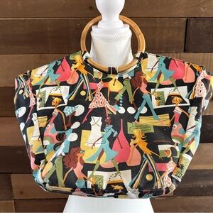 Colorful Abstract Women's Bag with Bamboo Handles